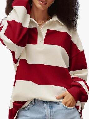 Striped Rugby Polo Sweater - Red & Cream